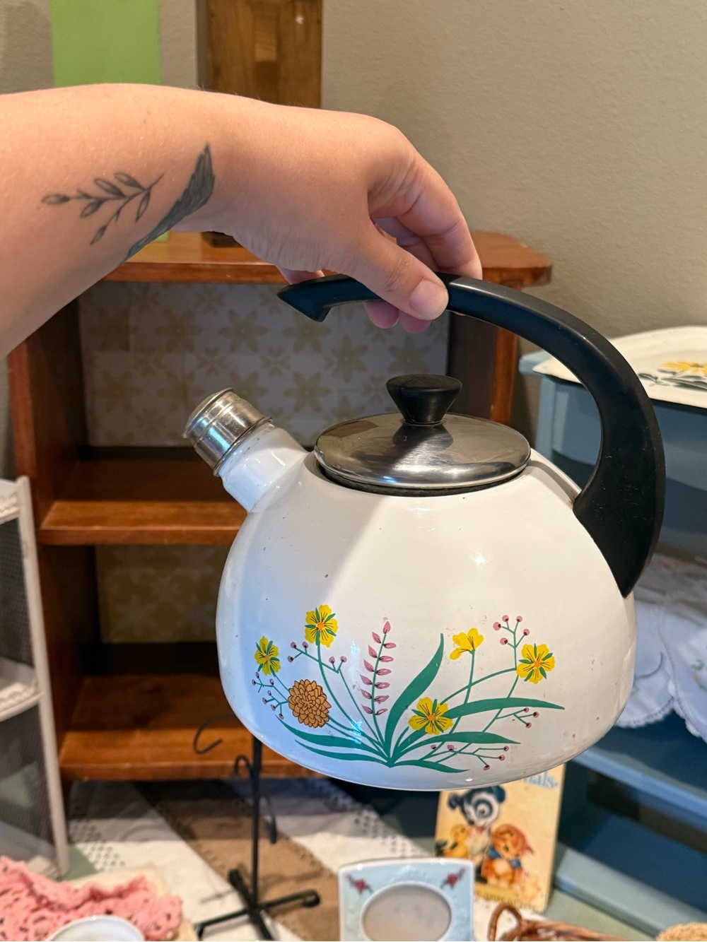 White Floral Enamel Tea Kettle with Black Handle